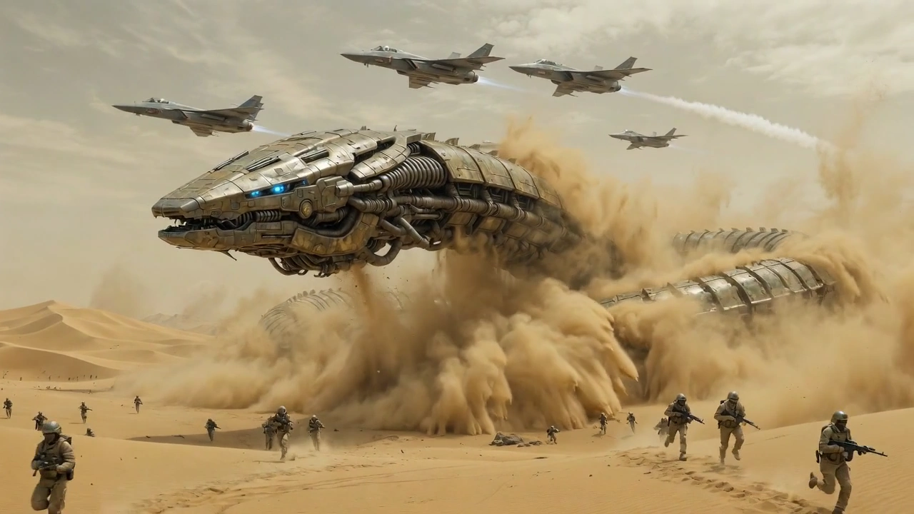 Colossal Snake-Shaped Starship Unleashes Chaos on Sandy Terrain