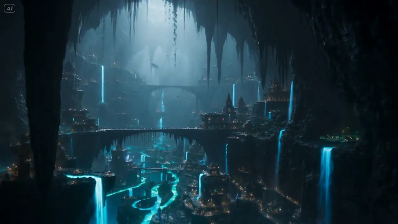 Floating Creatures Drift Above Glowing Rivers in a Subterranean City