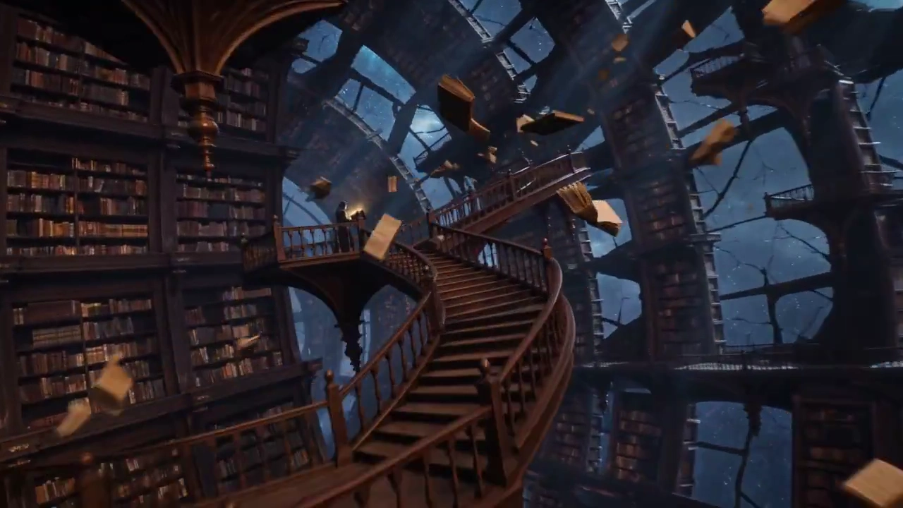 Glowing Manuscripts Swarm Through a Rotating Library in Deep Space