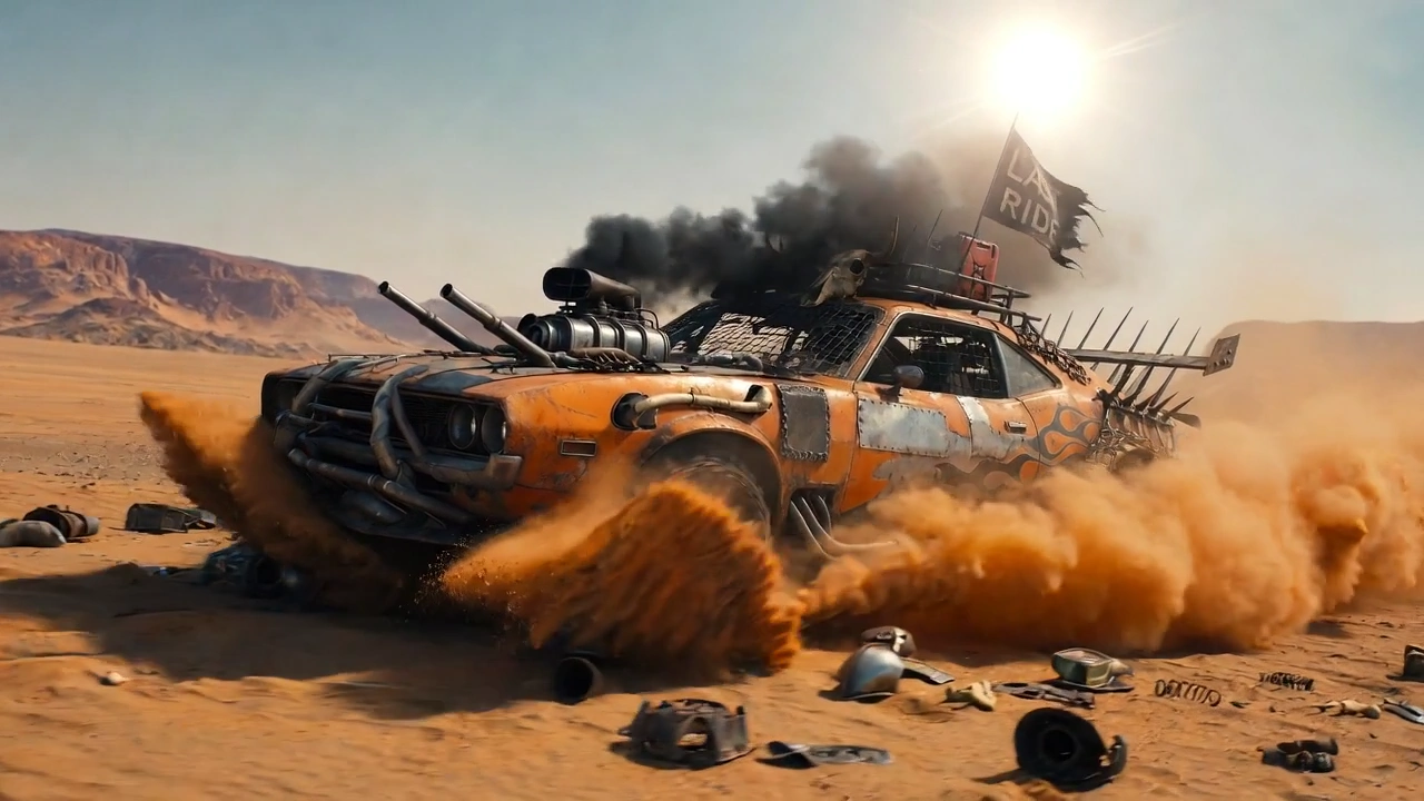 Orange Post-Apocalyptic Vehicle Charges Across Rocky Barren Hills