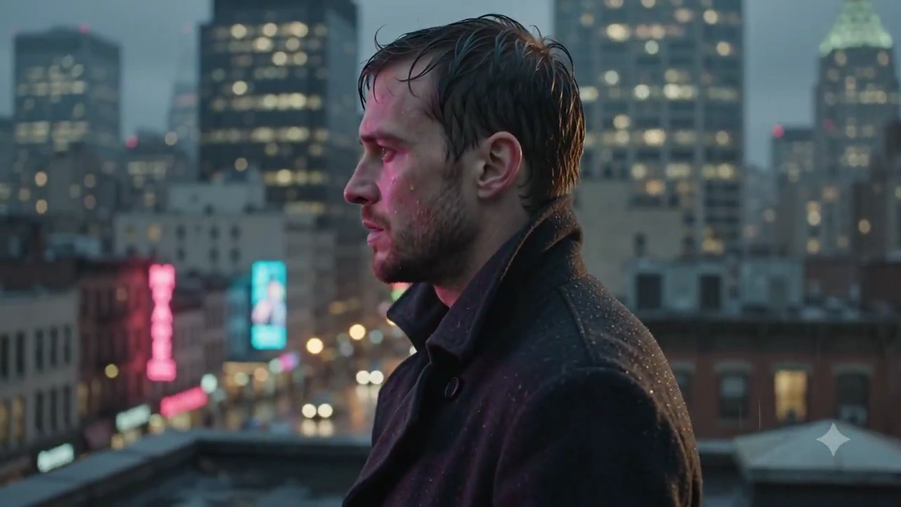 Neon Reflections Dance Across His Face in Cold Evening Rain