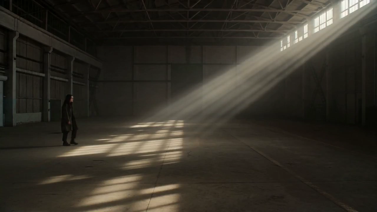 Light Grids Guide a Lone Figure Through Deep Warehouse Shadows