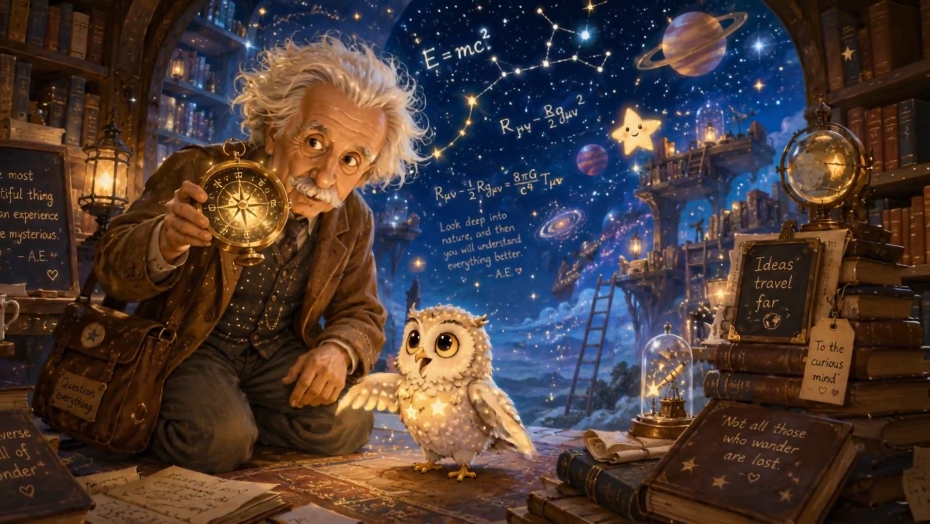 Storybook Einstein Meets a Tiny Dragon on a Floating Island