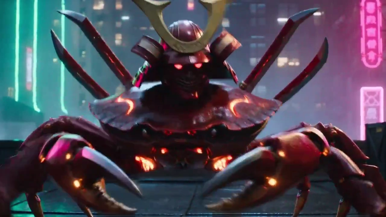 Armored Red Crab Master Parries Lasers Above Rainy Fish Market