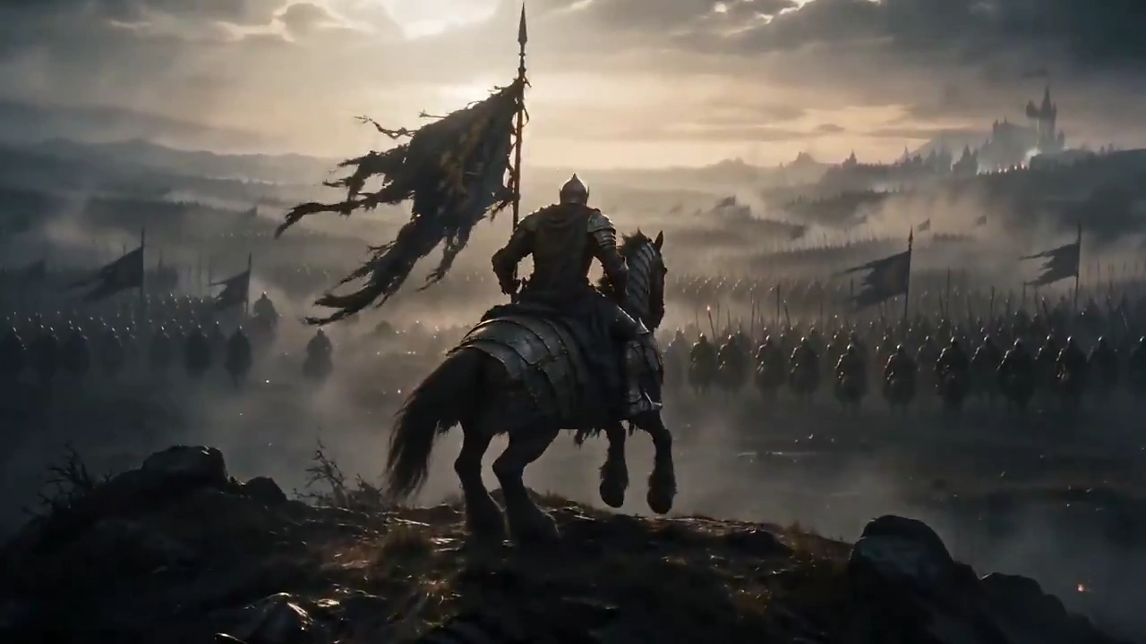 Lantern Light Catches Steel as an Armored Warhorse Rears