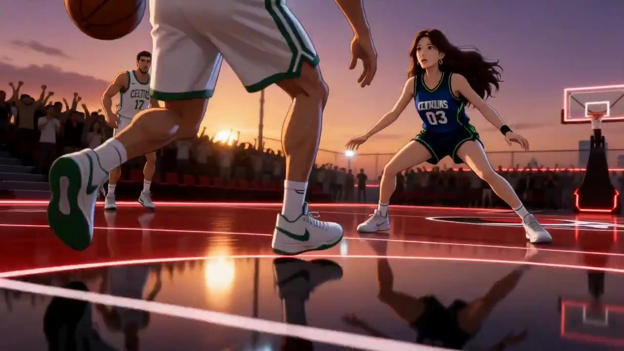 Mixed-Media Athlete Executes No-Look Pass Under Golden Light