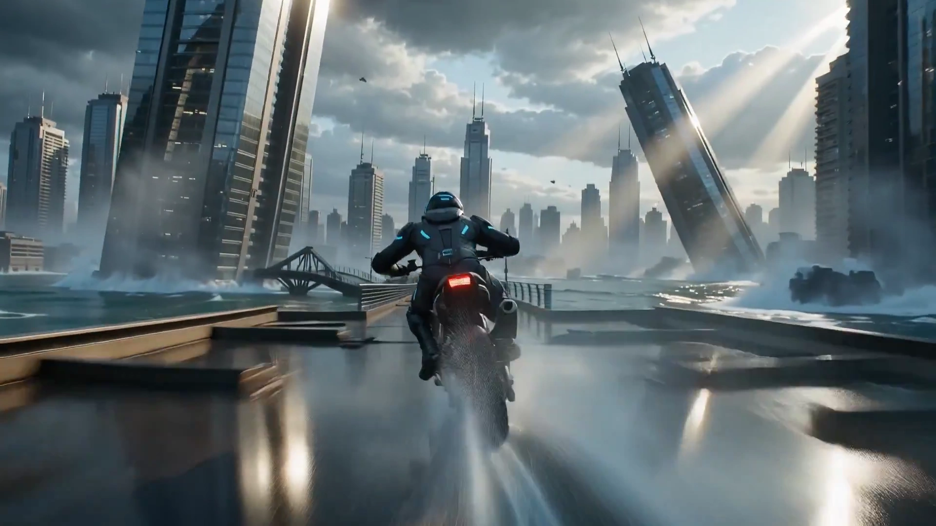 Flooded City Chase: Rider Dodges Debris and Crashing Waves