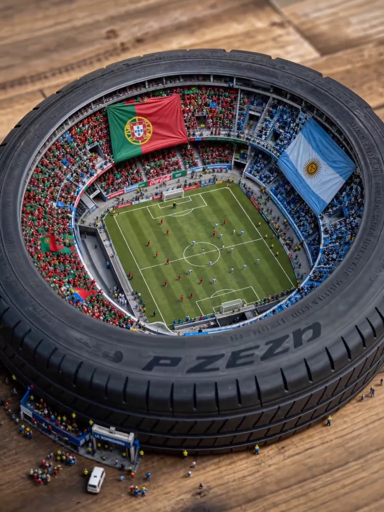 Miniature Soccer Match Unfolds Inside a Tire Arena