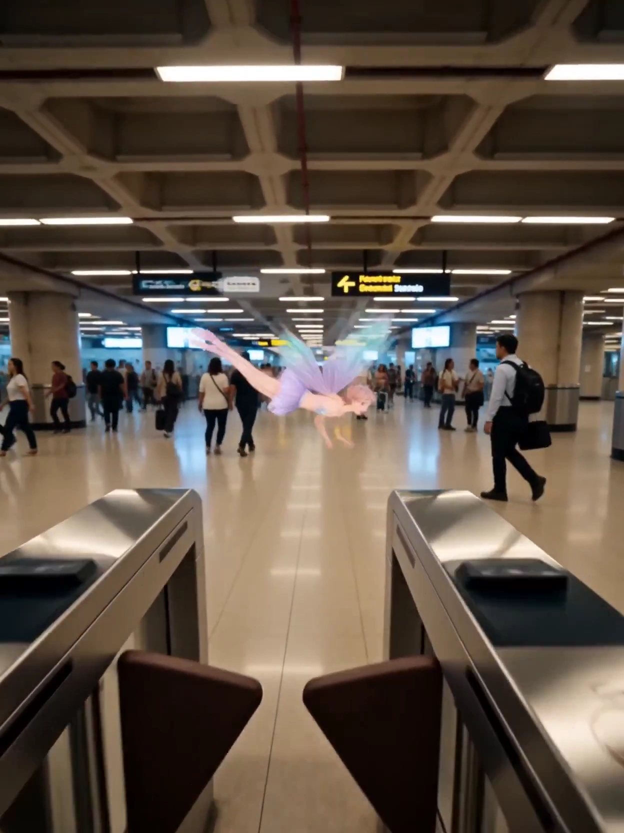 Giant Pastel Rabbit Appears Beside Commuter on Rooftop at Night