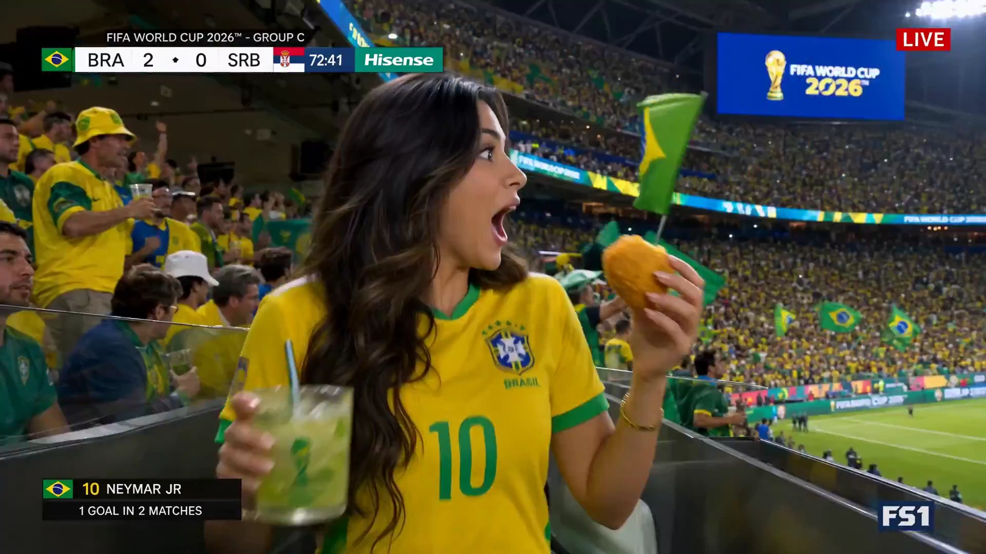 Caipirinha in Hand, She Cheers Brazil in a Live Broadcast