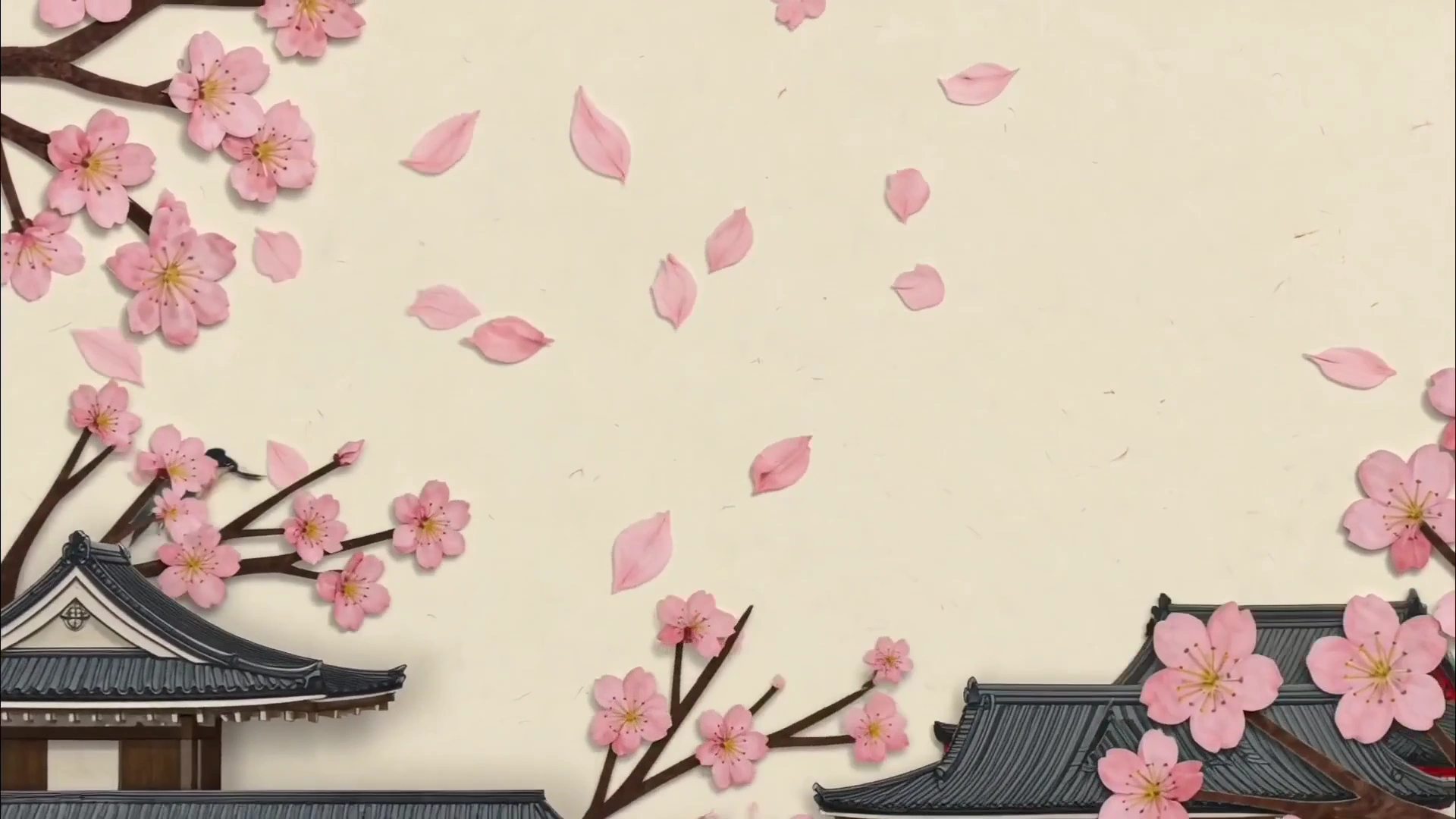Layered Cherry Blossoms Drift Across a Vintage Paper Landscape