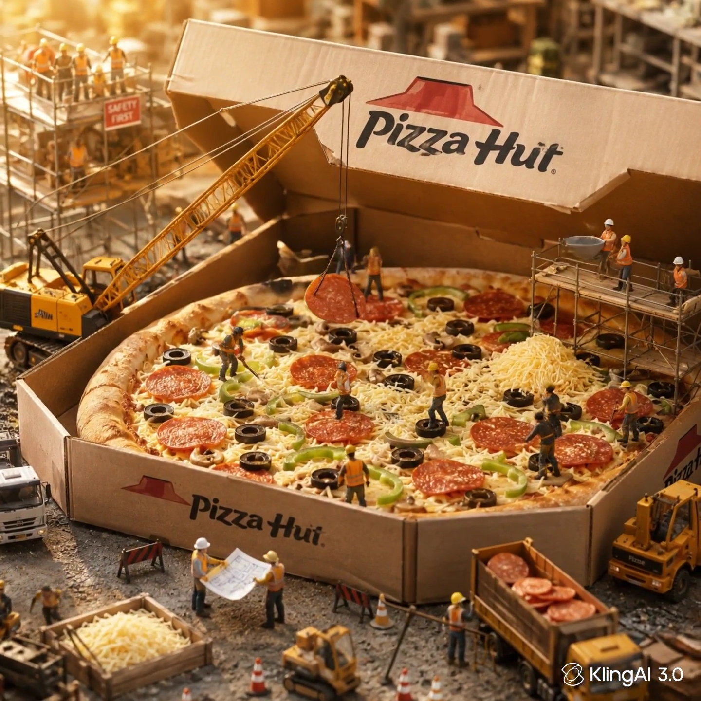 Cranes Place Pepperoni on a Gigantic Pizza Hut Box
