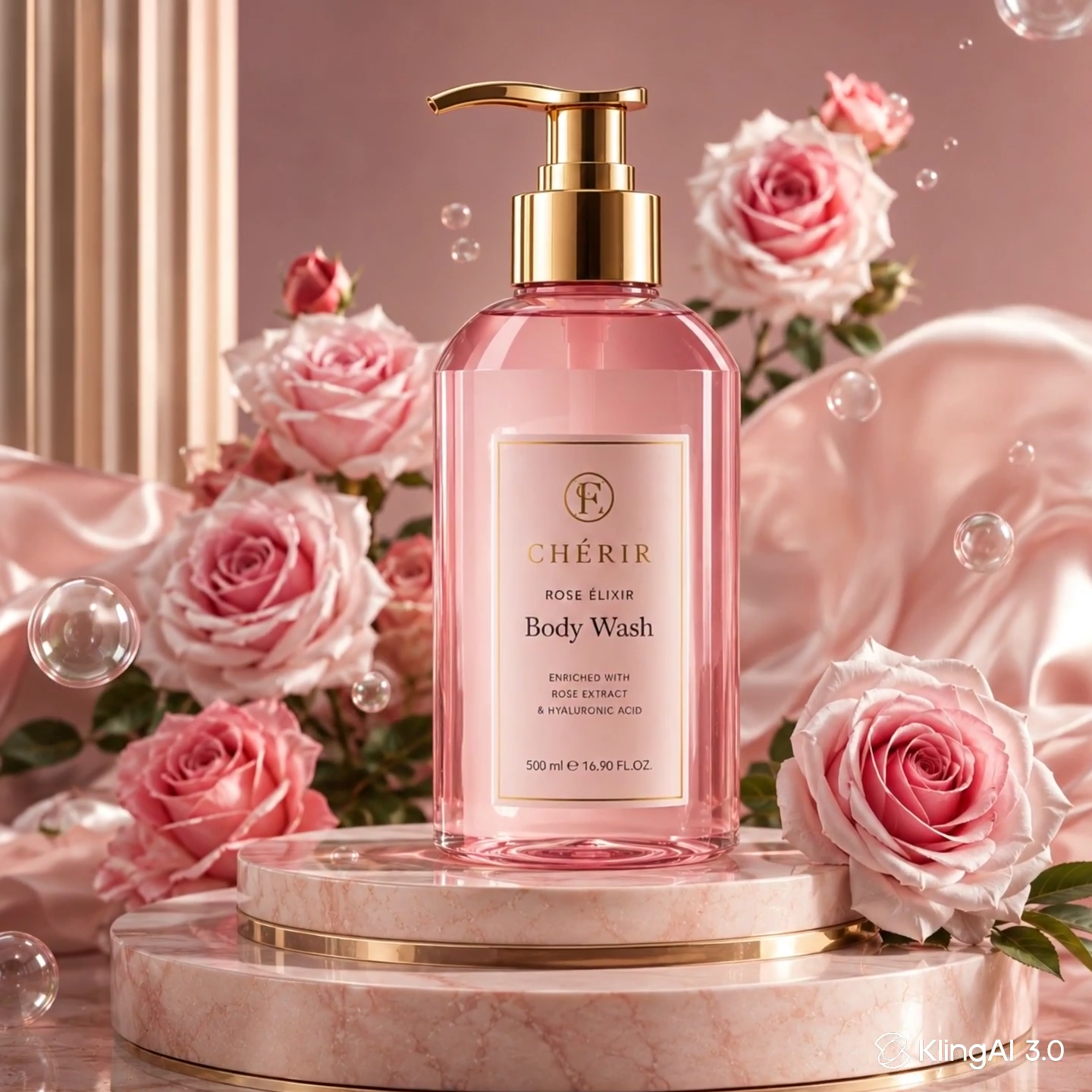 Luxury Skincare Ad Featuring a Rose Bottle on a Marble Stand