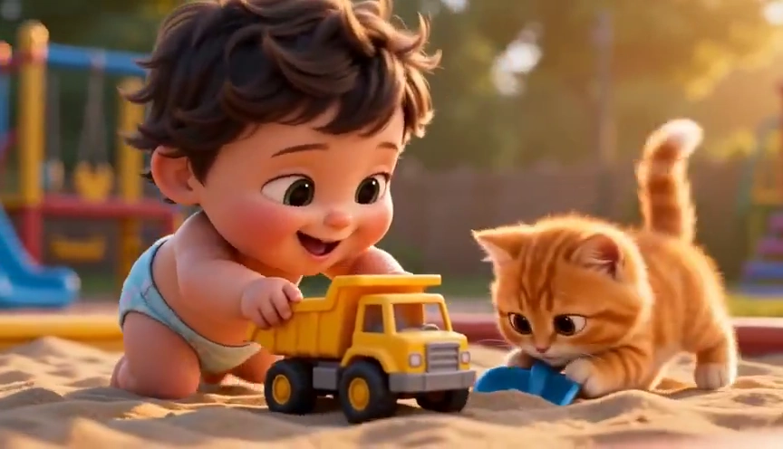 Tiny Pink Hearts Drift Around a Mesmerized Kitten in the Sandbox
