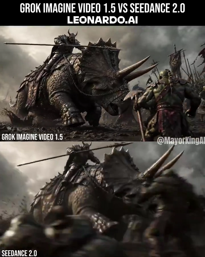 High-Octane Battle Scene Featuring a Triceratops and Orc Forces