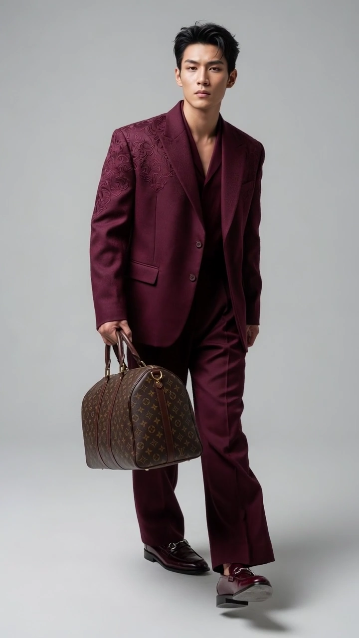 Dynamic Fashion Shot of Man Leaning Forward in Rich Maroon