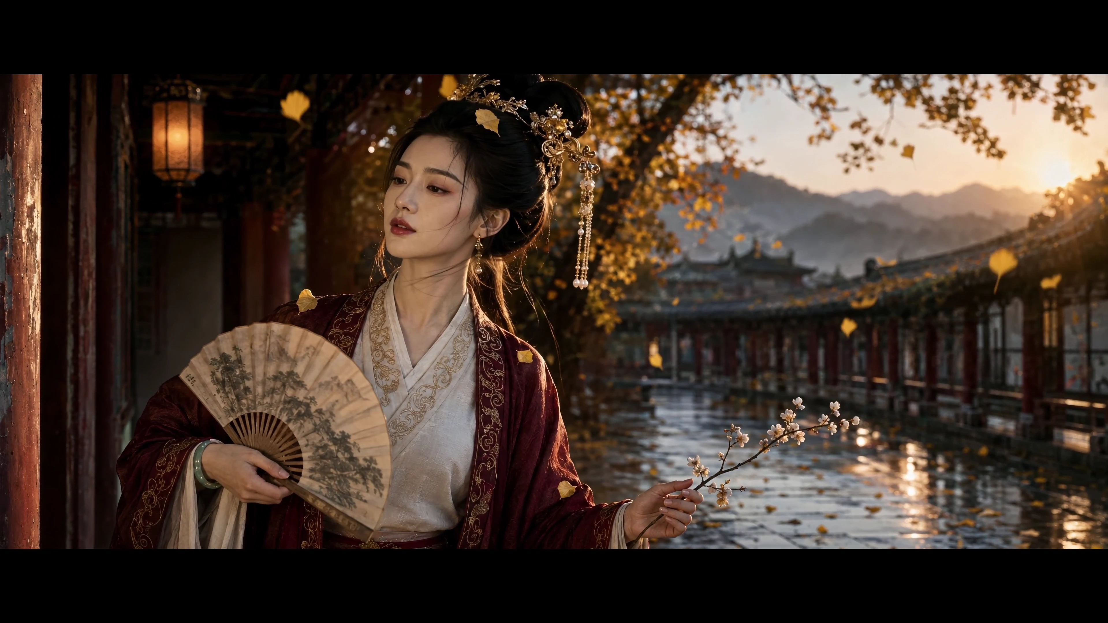 Wind-Swept Hanfu Dancer Holds a Fan Amid Falling Ginkgo Petals