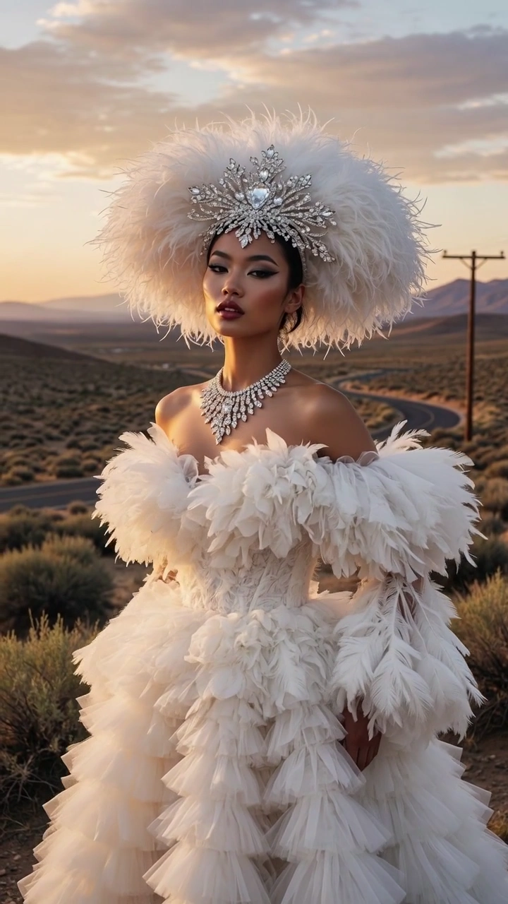 Feathered Couture Shines Under Warm Sunset in Desert Shoot