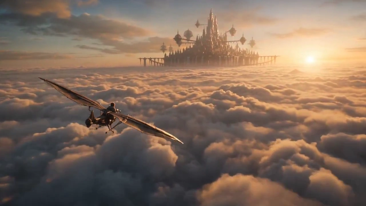 Brass Glider Banks Between Stone Towers Above the Clouds