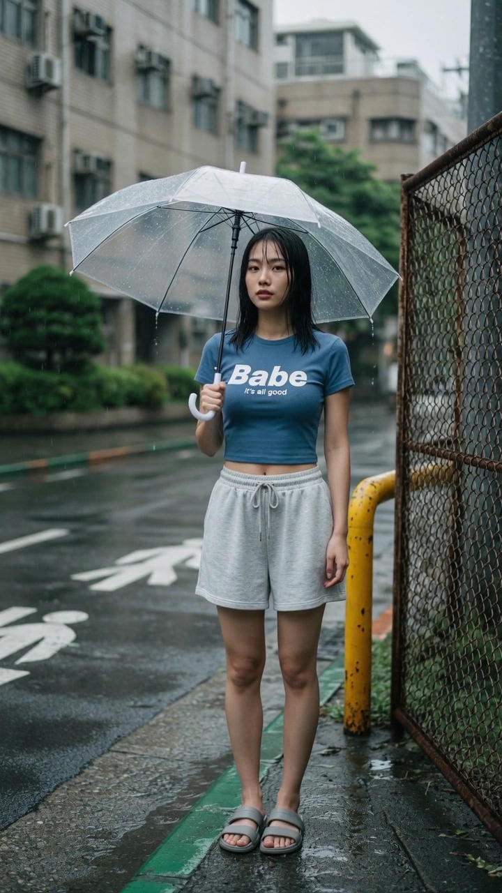 Rainy Day Portrait: East Asian Woman in Crop Top and Shorts