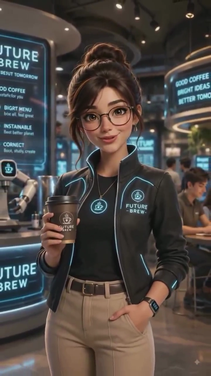 Friendly Tech Barista Serves in a Sleek Cafe with Glowing Analytics
