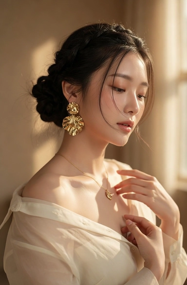 Sheer Ivory Blouse Drapes Off Her Shoulder in Soft Window Light