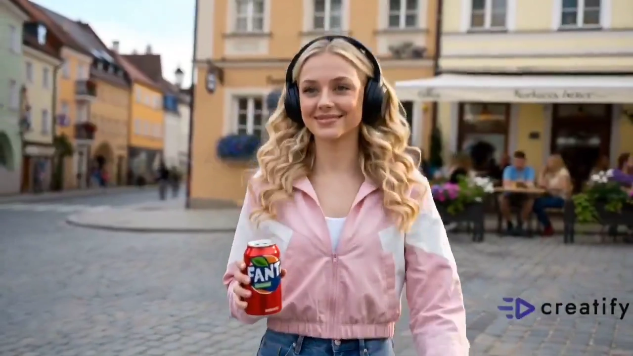 Swirling Papers Frame a Joyful Fanta Sip in Sunlit Town