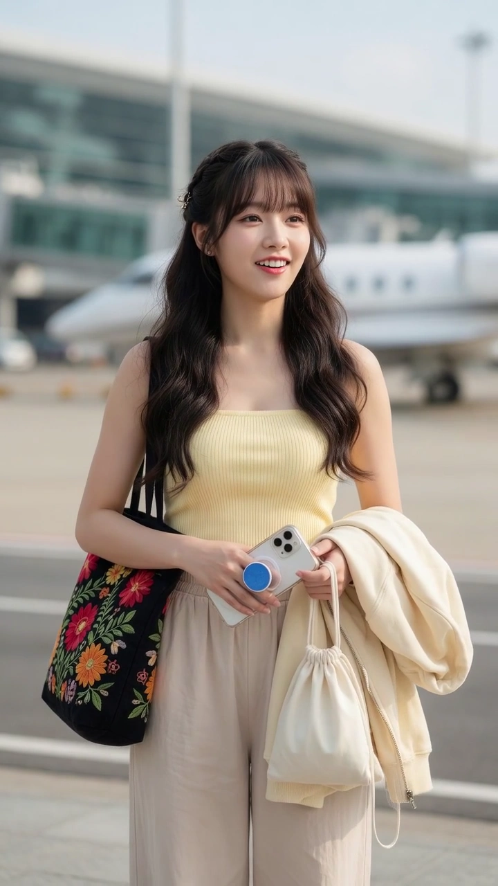 Elegant Traveler in Beige Pants Holds iPhone at Private Jet