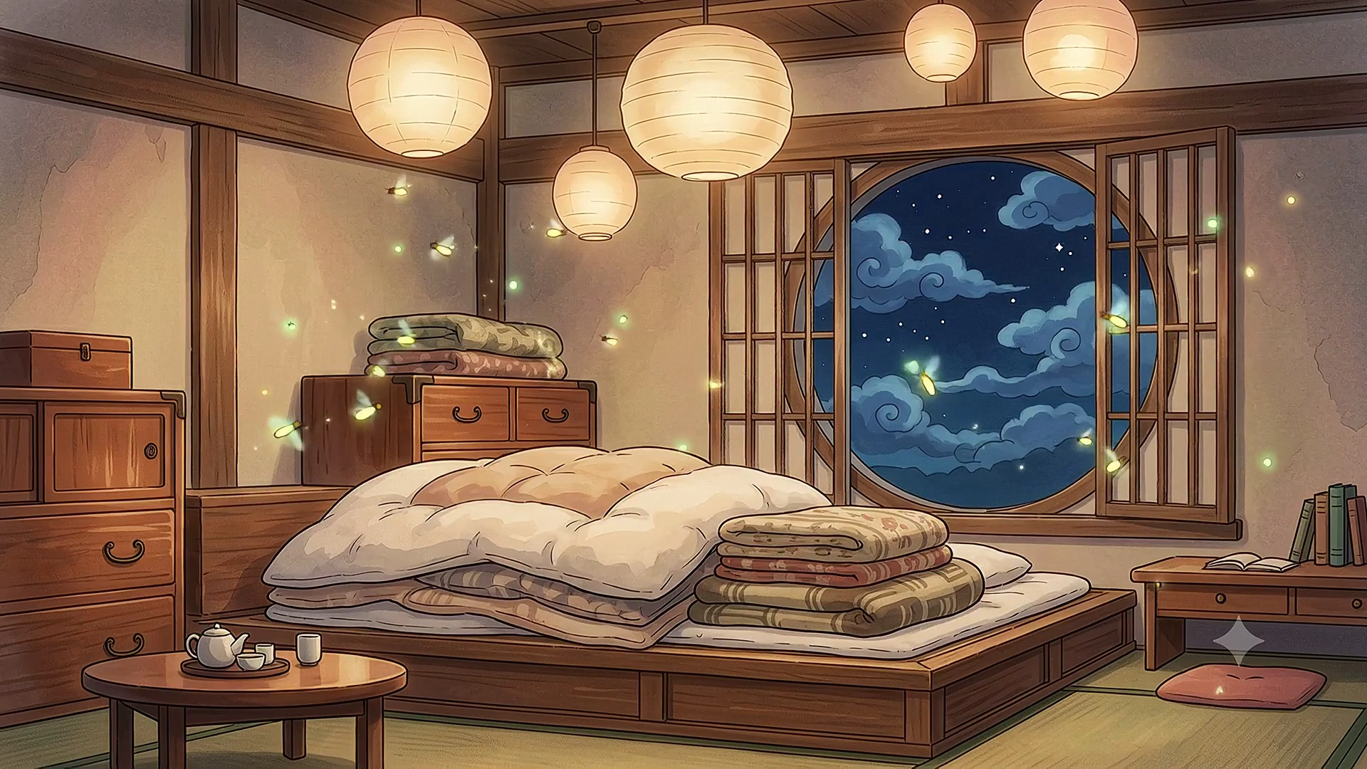Starlit Window Frames a Cozy Room with Drifting Clouds and Lights