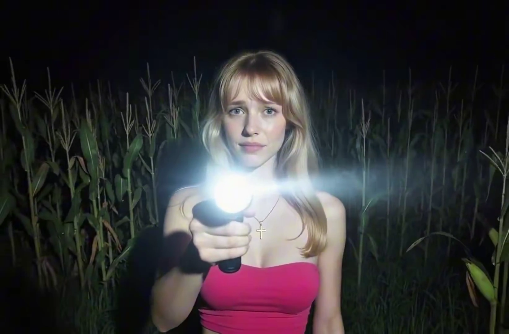 Wide Shot of Woman at Cornfield Edge at Night
