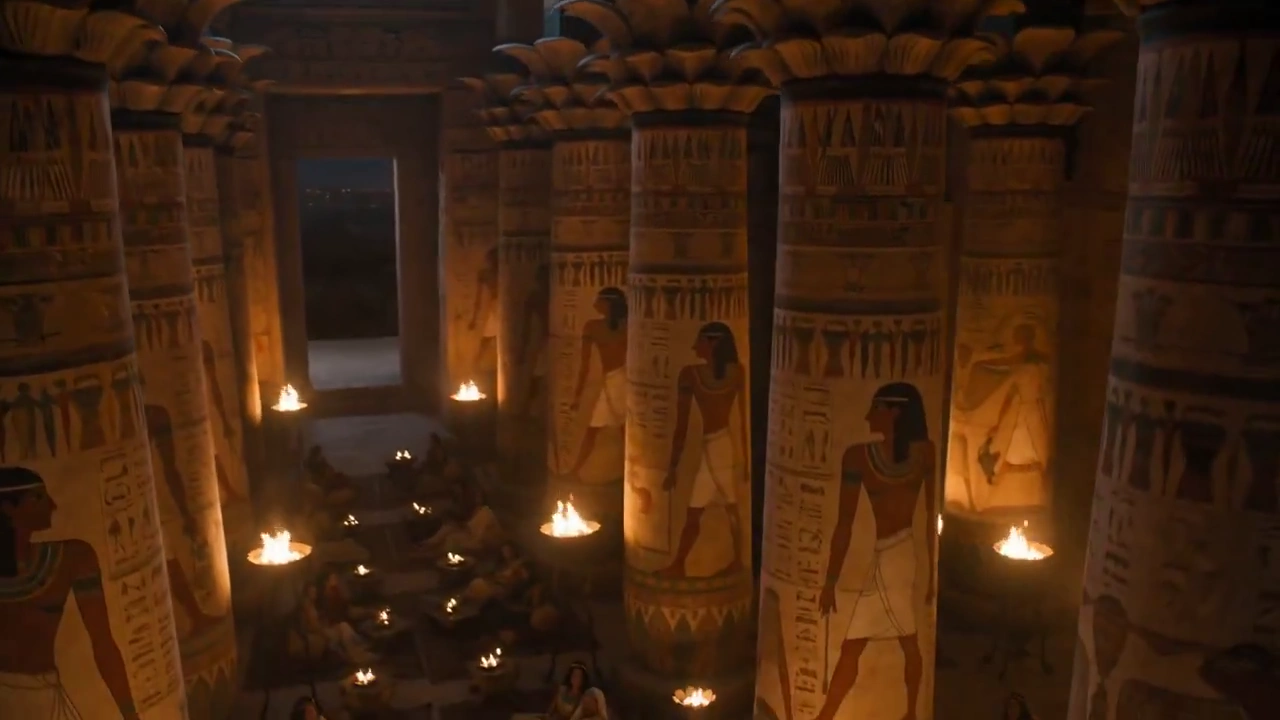 Golden Oil Lamps Illuminate a Harp Performance in Antiquity