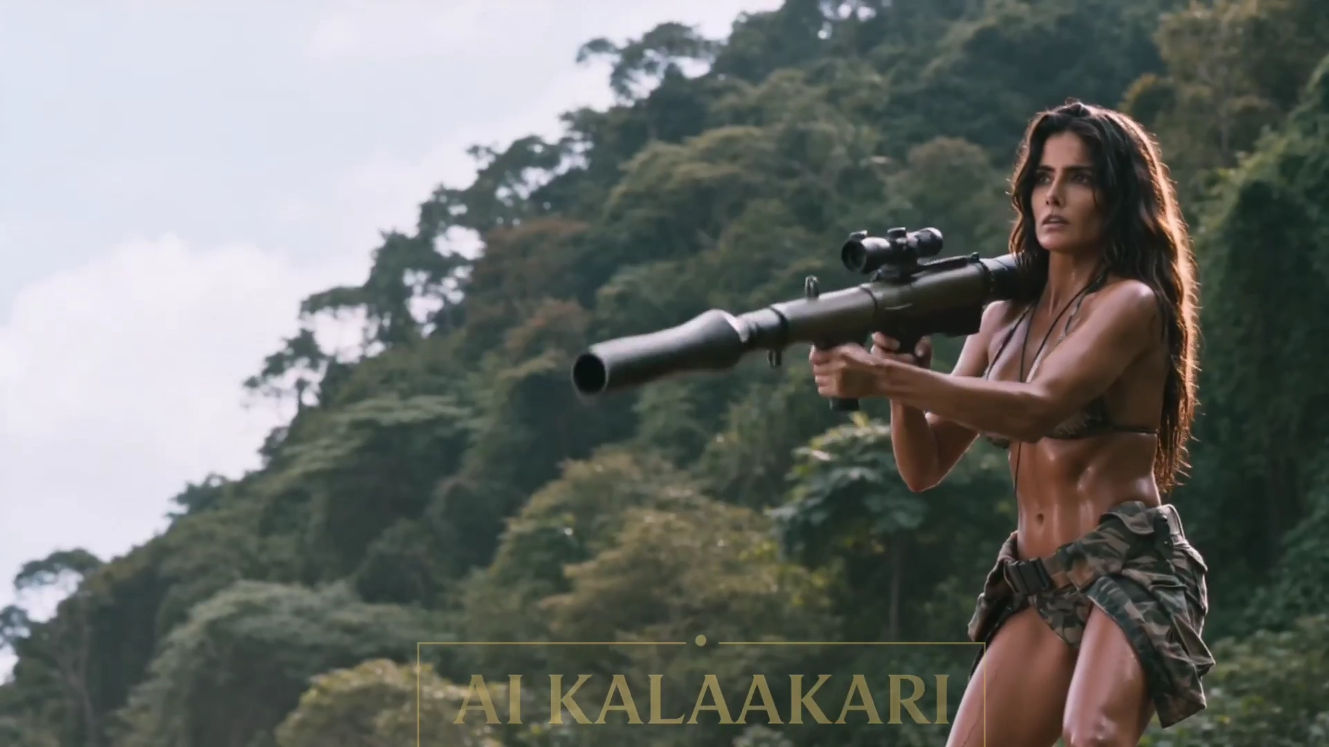 Female Merc Bazooka Blasts a Falling Crocodile Above River