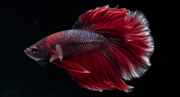 Crimson Betta Dances Through Black Water with Elegance