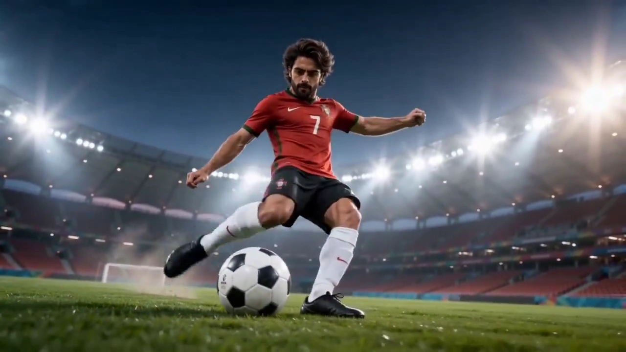 Soccer Hero Unleashes Powerful Kick in Floodlit Stadium Sequence