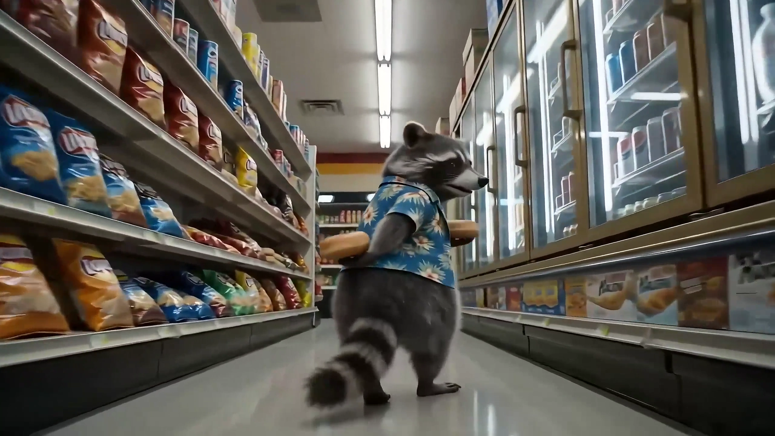 Pug Guard Chases a Rolling Donut Past a Deadpan Opossum Clerk