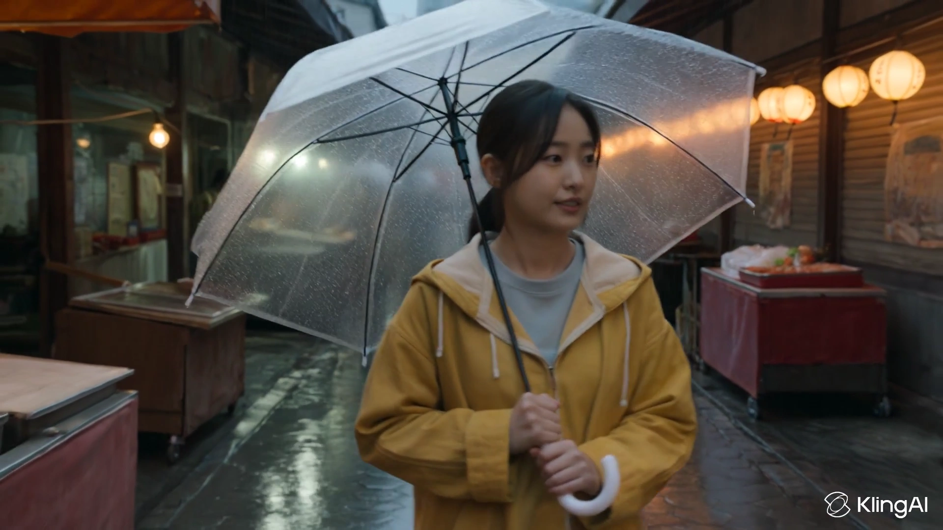 Handheld Camcorder Captures Cozy Evening at Korean Market