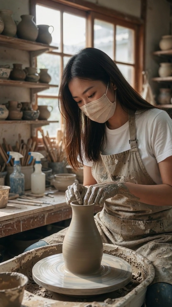 Masked Artisan Crafts Conical Vase on Spinning Wheel