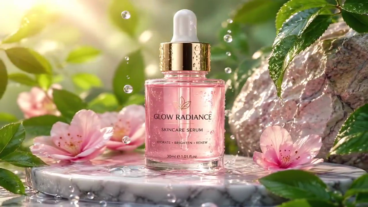 Crystal Droplets Fall Around a Glowing Skincare Bottle in 4K