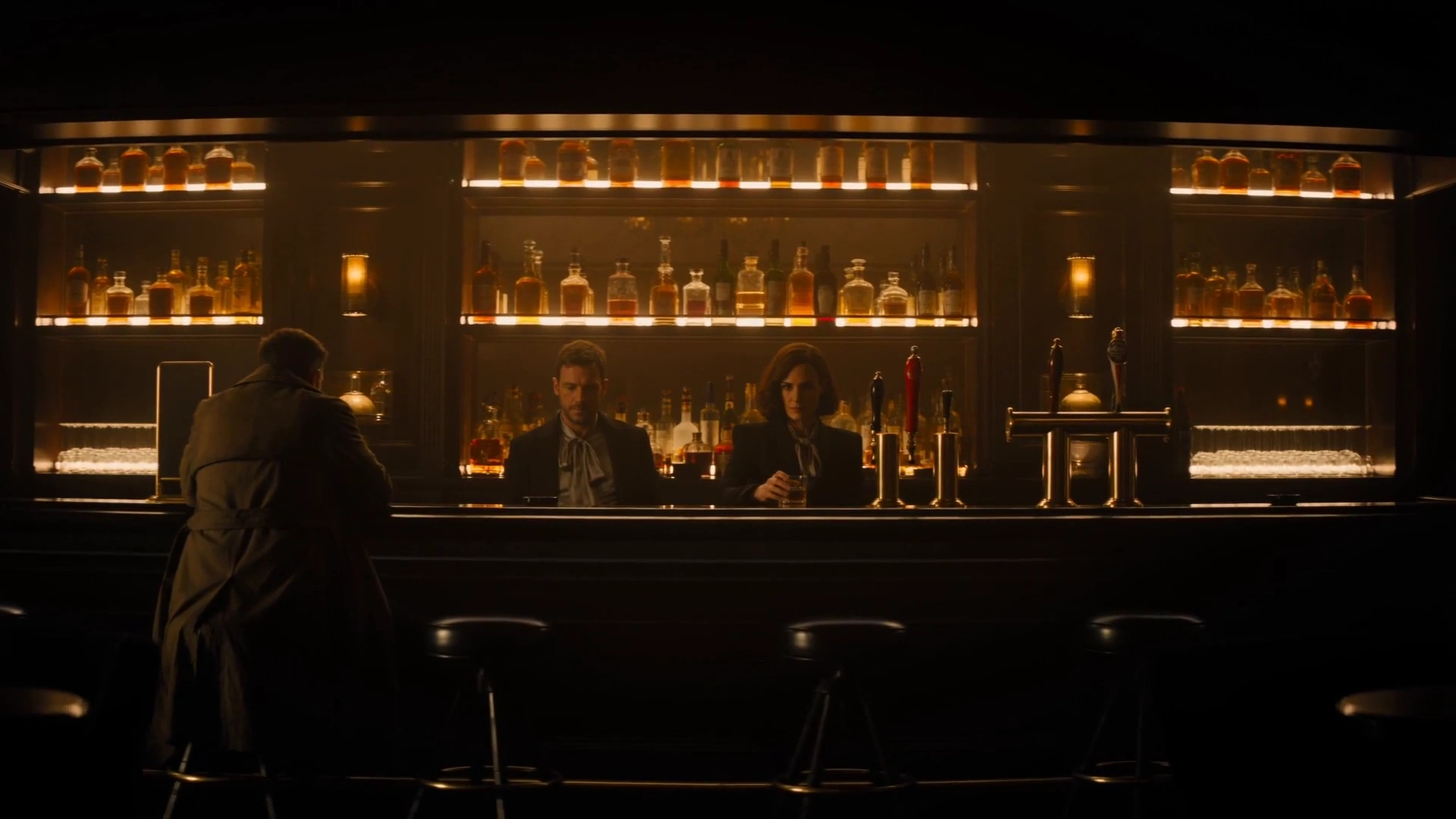 Trench Coat Man Misses Her Exit in Rainy Noir Bar