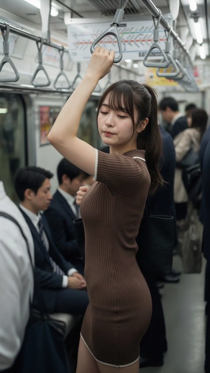Portrait of a Japanese Woman Holding Handrail on Rush Hour Train