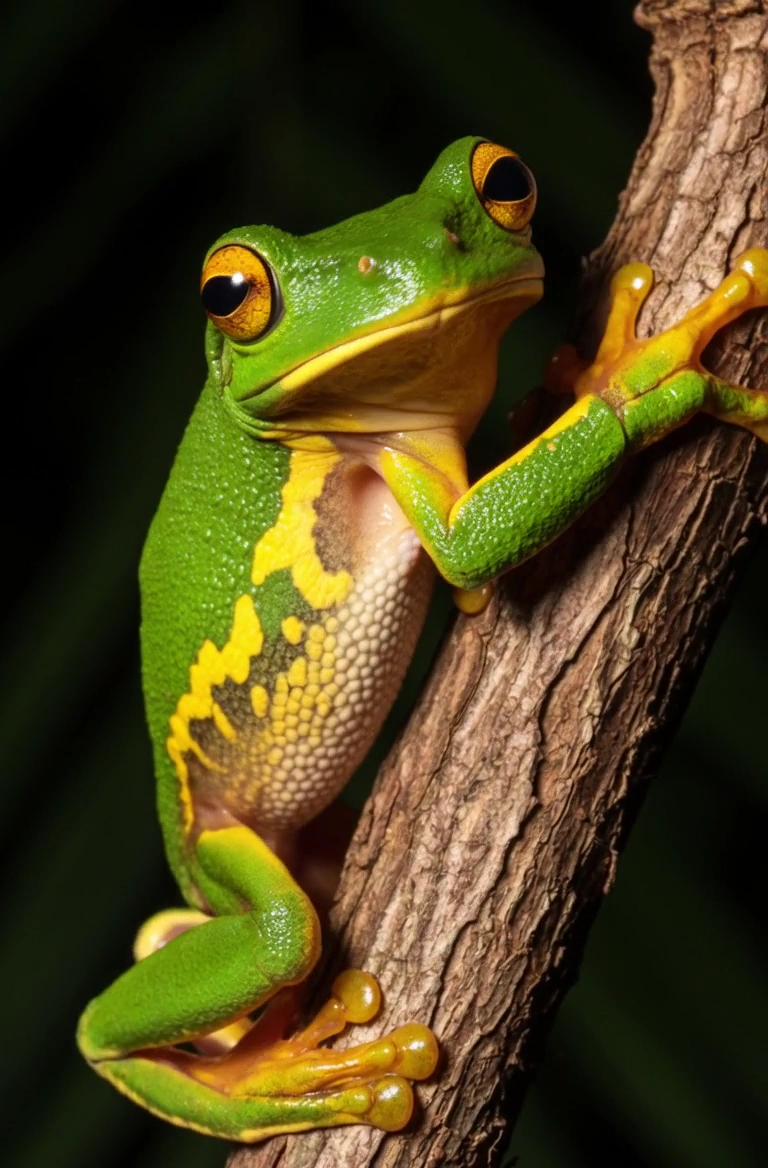 Tiny but fierce: a tree frog's stare pierces the dark foliage.