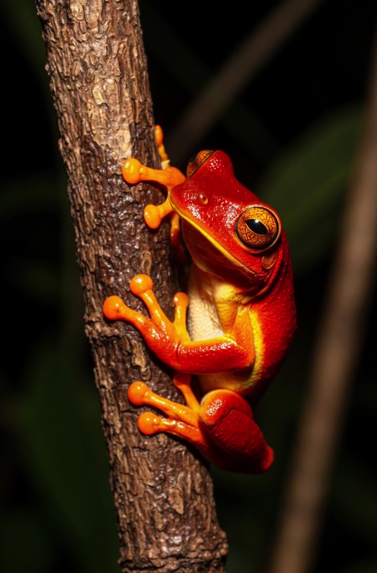 Flash bursts as a vibrant tree frog clings to a branch.