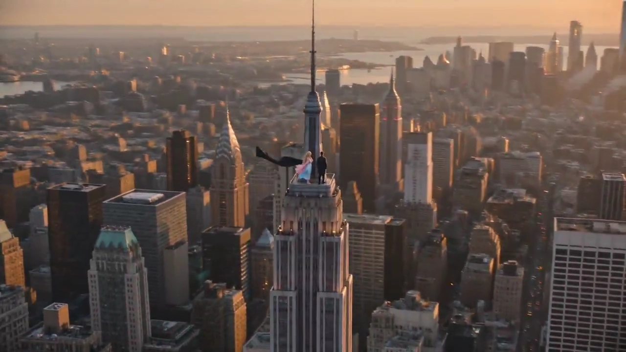Golden Hour Windswept Proposal Filmed From a News Helicopter Above Manhattan