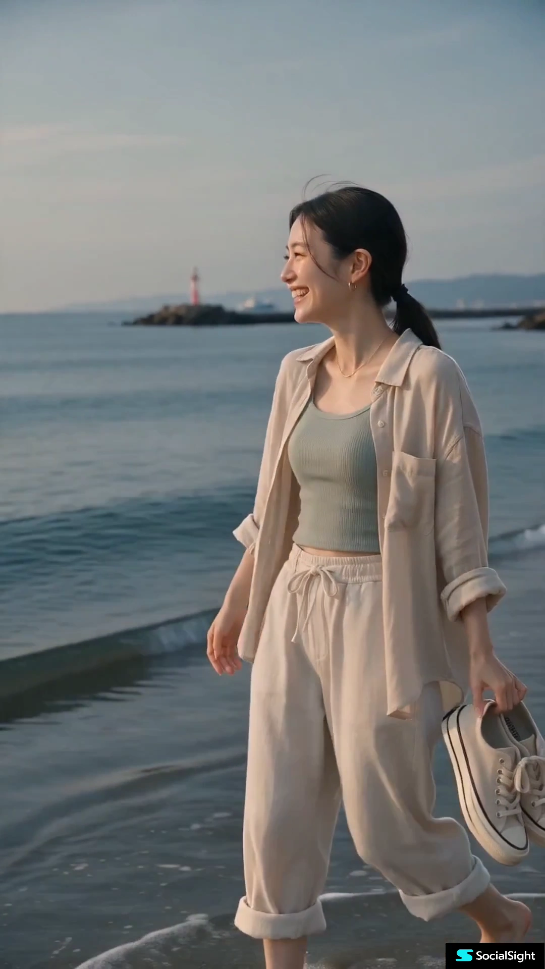 Linen-Clad Figure Pauses on Driftwood Watching Pacific Waves