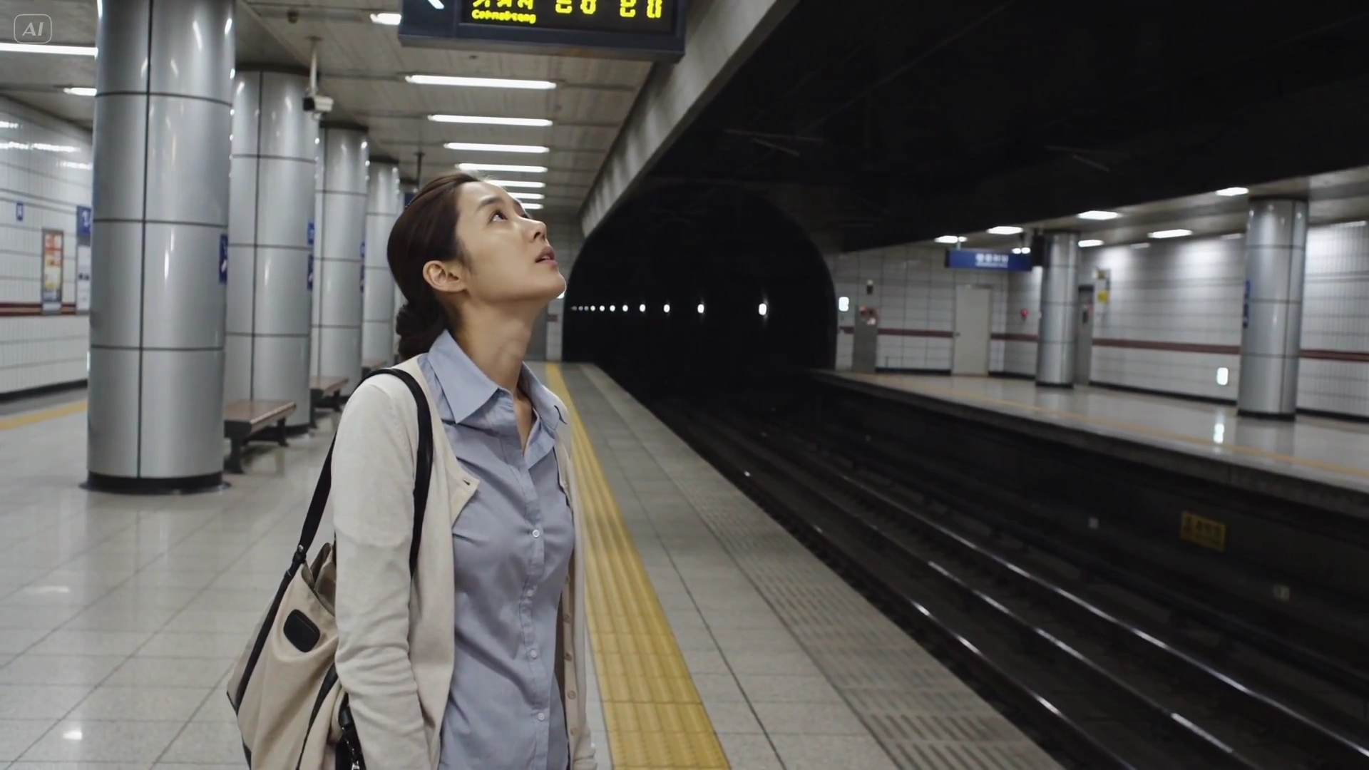 Evening Subway Scene: Woman Greets Camera Before Boarding Train