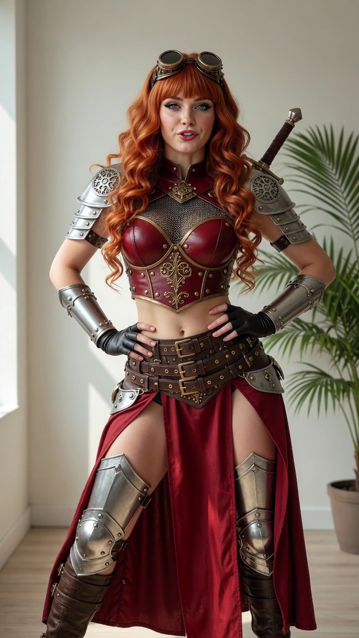 Crimson Corset Armor Shines on Fierce Heroine in Modern Interior