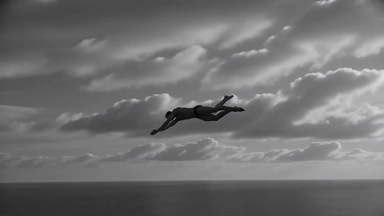 Monochrome Diver Twists Through Air Above Silent Dark Sea