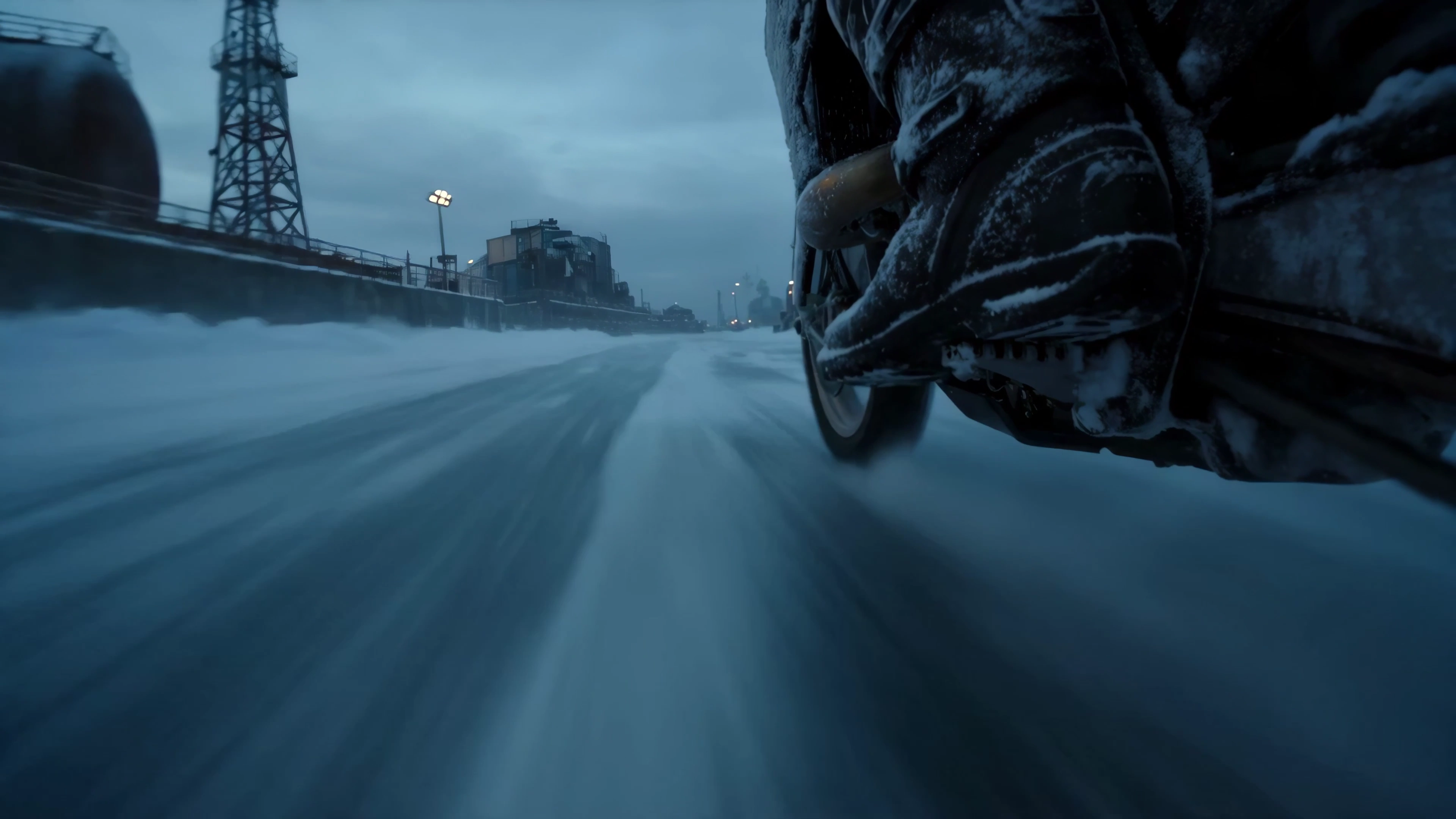 Glowing Headlights Slice Through Snowstorms on Abandoned Ocean Ice