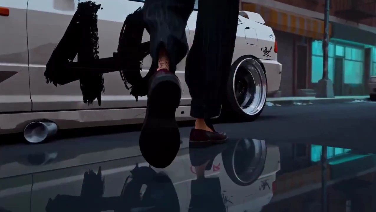 Stylized Drift Car Blazes Past Storefronts in Vibrant Motion