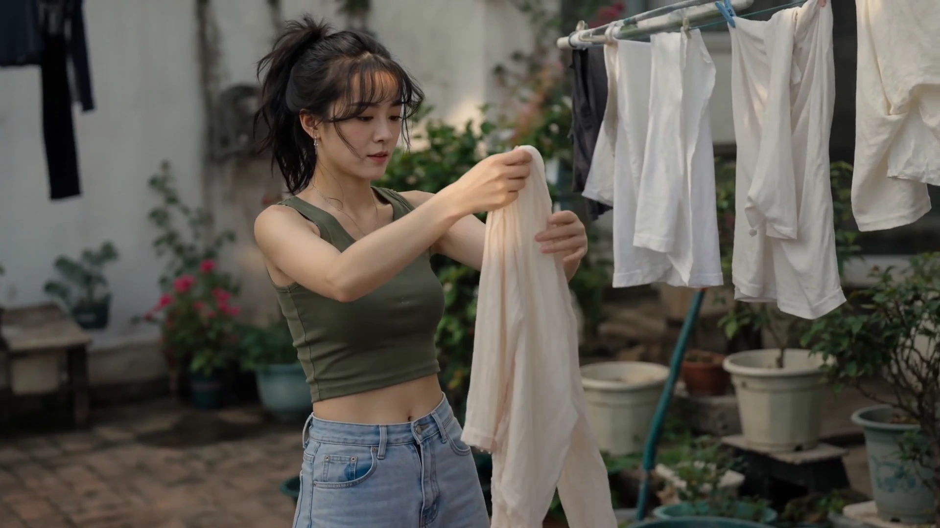 Handheld Camcorder Captures Laundry Day Elegance in a Sunlit Courtyard